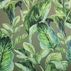 Green Floral on Green Background Printed Polyester Mikado Fabric