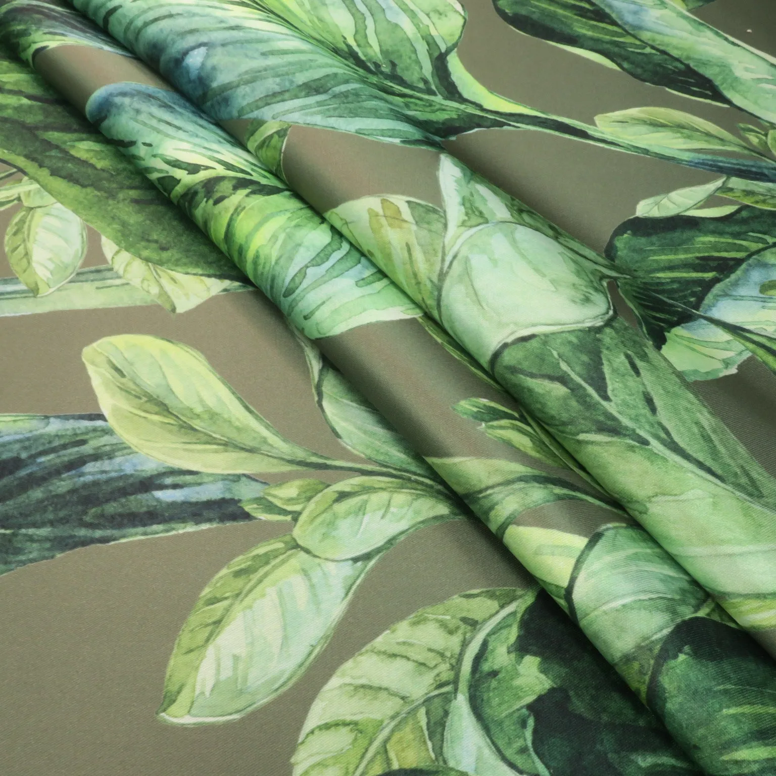 Green Floral on Green Background Printed Polyester Mikado Fabric