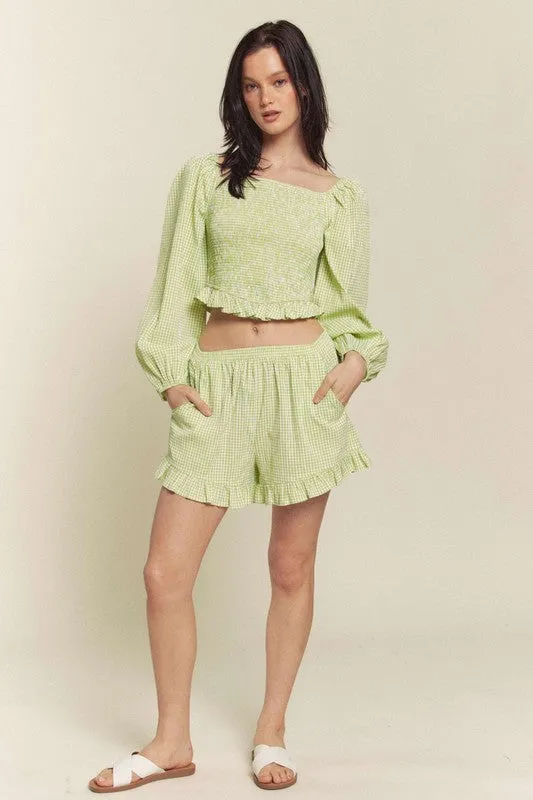 Green Gingham Smocked Top With Shorts Set