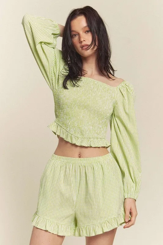 Green Gingham Smocked Top With Shorts Set