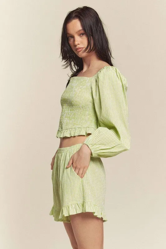 Green Gingham Smocked Top With Shorts Set