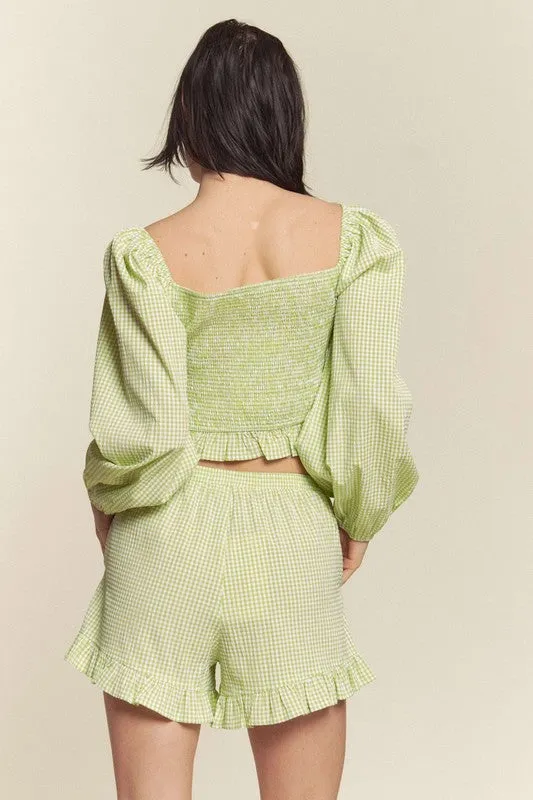Green Gingham Smocked Top With Shorts Set