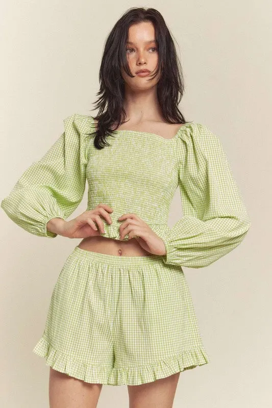Green Gingham Smocked Top With Shorts Set