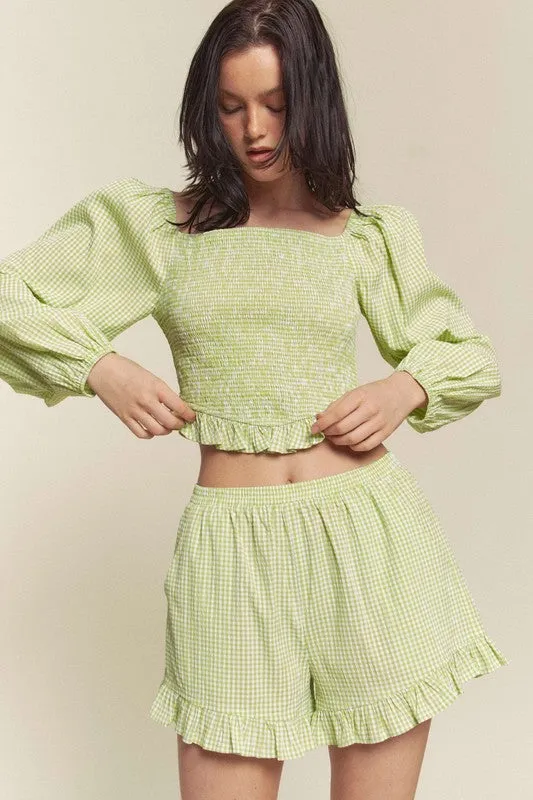 Green Gingham Smocked Top With Shorts Set