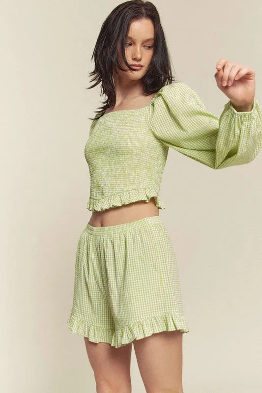 Green Gingham Smocked Top With Shorts Set
