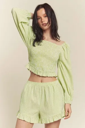 Green Gingham Smocked Top With Shorts Set