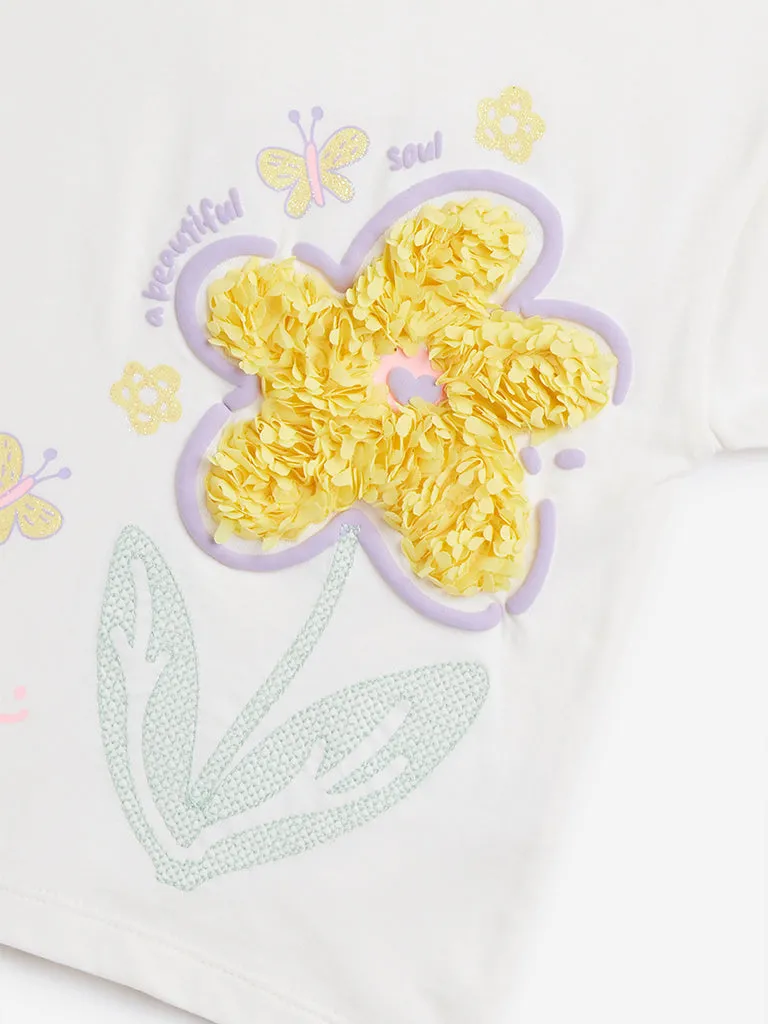 HOP Kids Off-White Floral Printed Cotton T-Shirt
