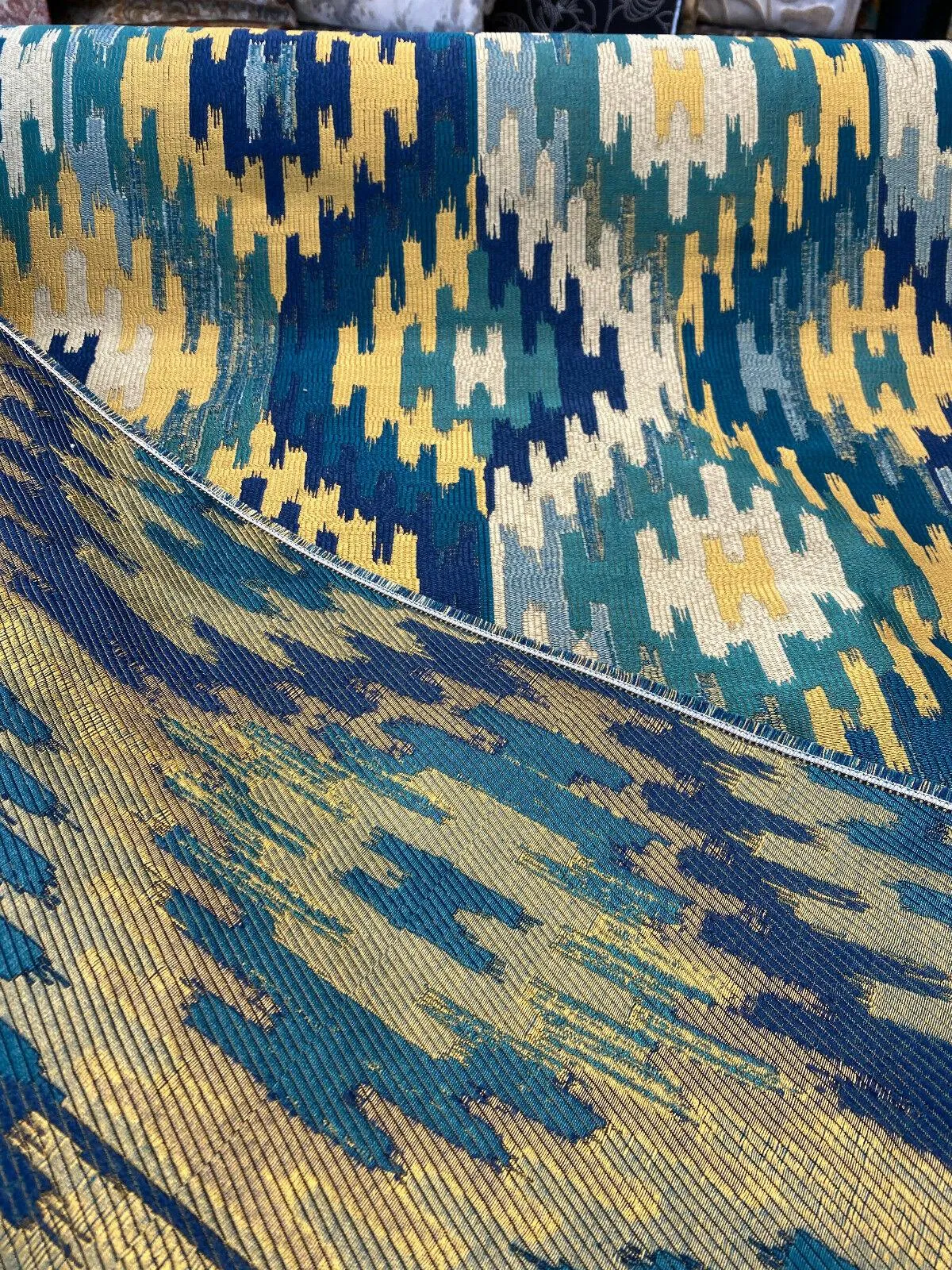Hupa Parrot Teal Ikat Jacquard SMC Upholstery Fabric By The Yard