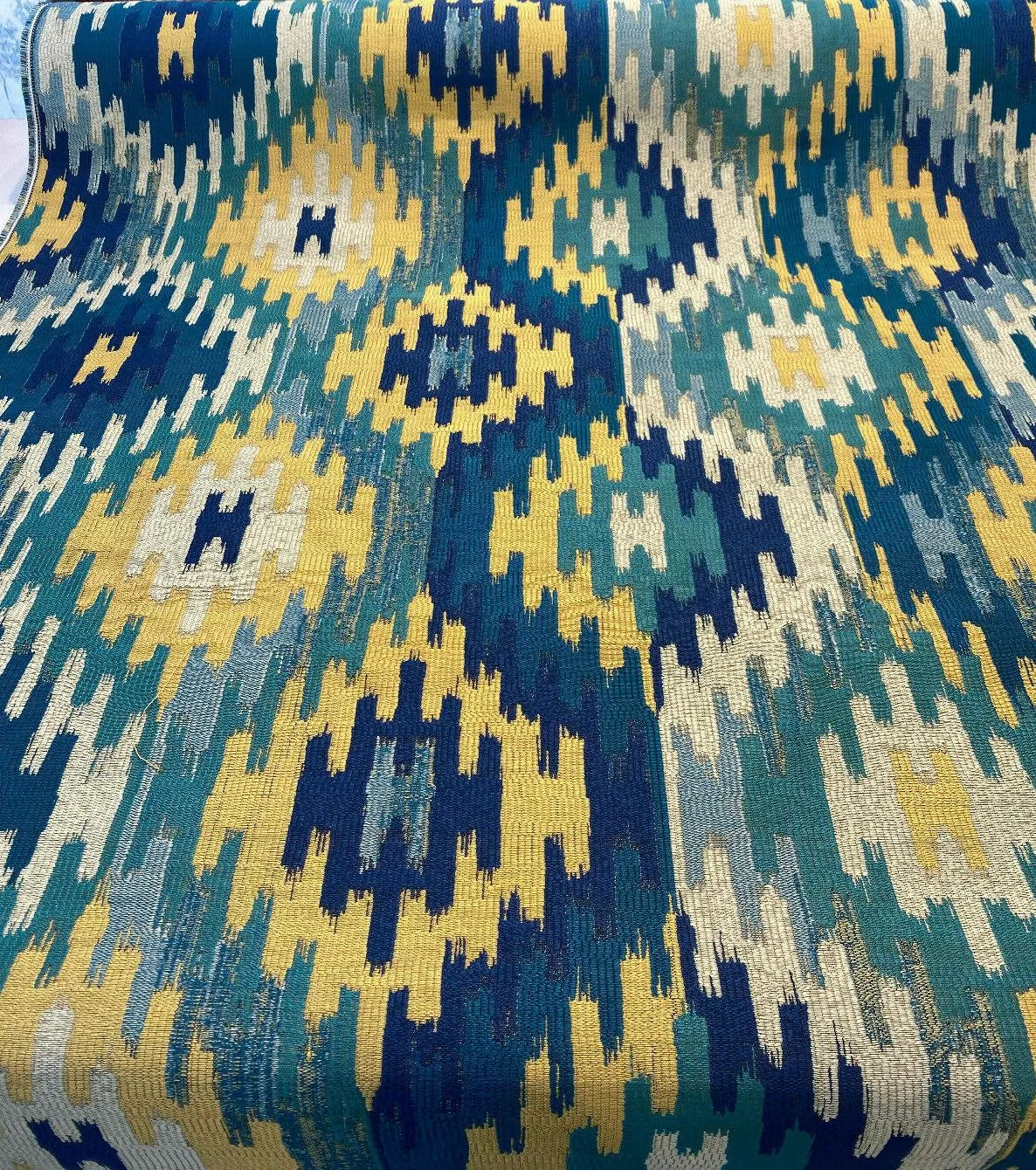 Hupa Parrot Teal Ikat Jacquard SMC Upholstery Fabric By The Yard