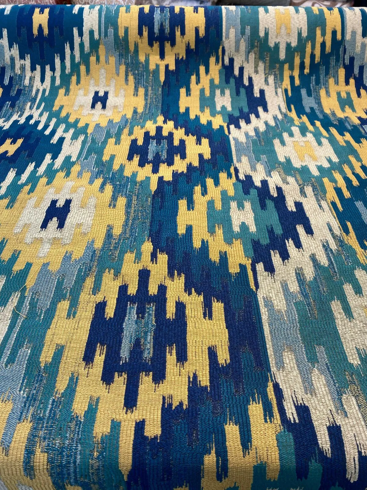 Hupa Parrot Teal Ikat Jacquard SMC Upholstery Fabric By The Yard