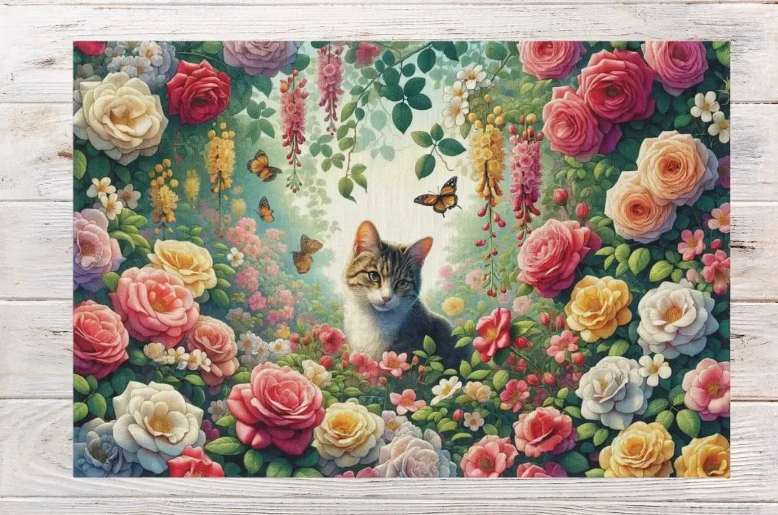 June Birth Flower Rug - Roses and Honeysuckles - Cat Lover - Indoor/Outdoor Rug