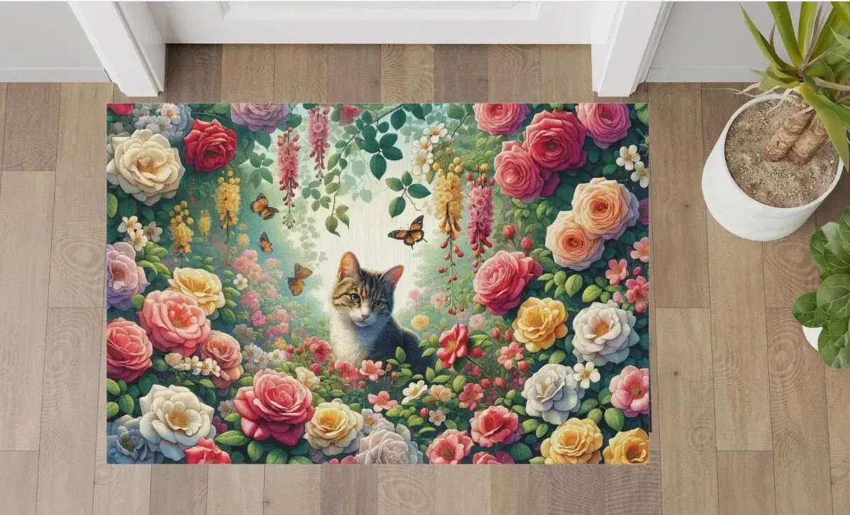 June Birth Flower Rug - Roses and Honeysuckles - Cat Lover - Indoor/Outdoor Rug