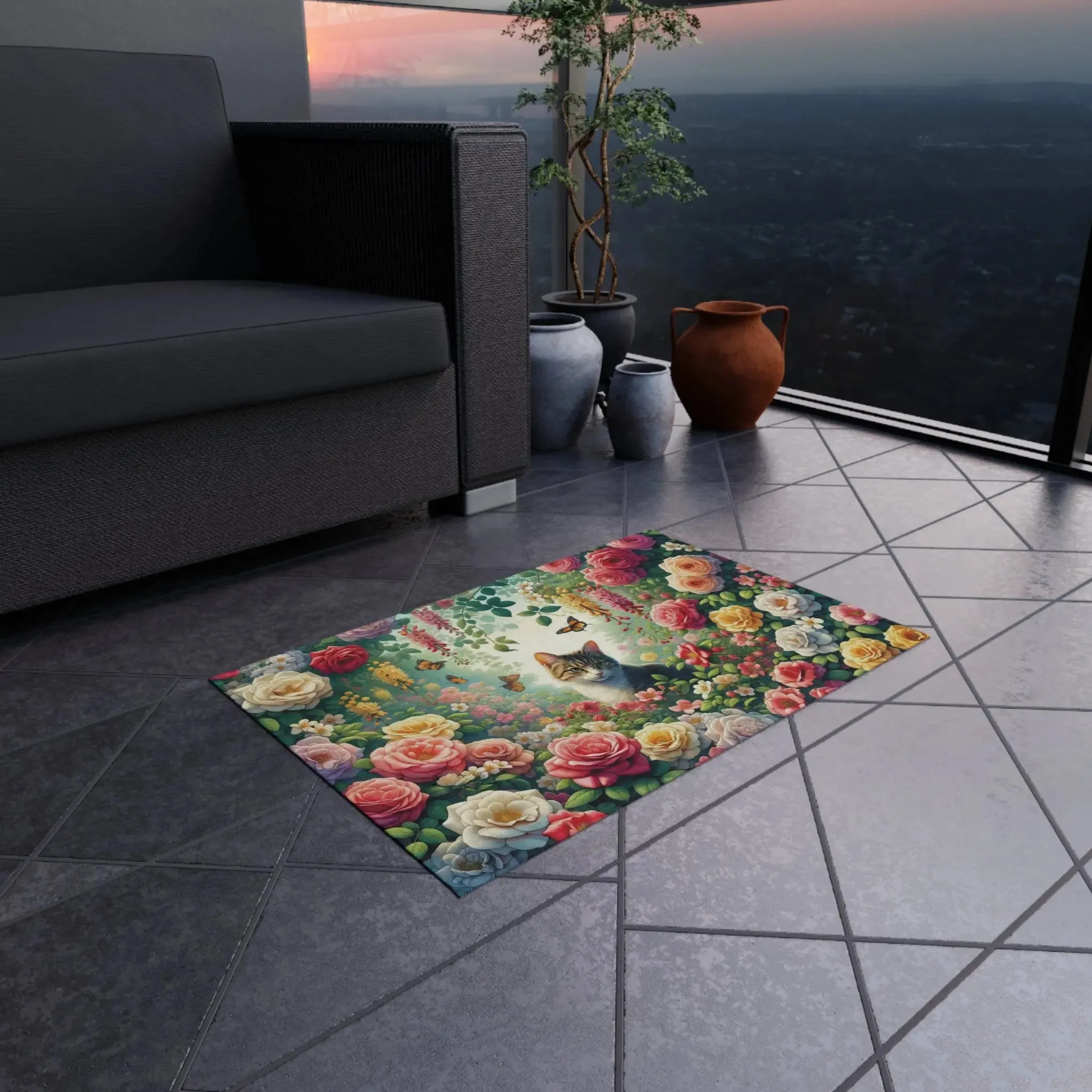 June Birth Flower Rug - Roses and Honeysuckles - Cat Lover - Indoor/Outdoor Rug