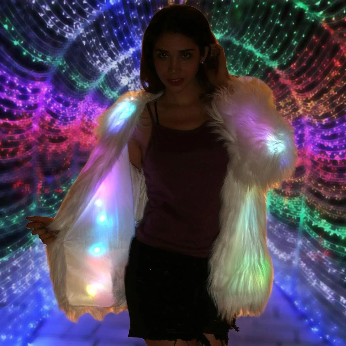 Led Fur Coat for Women Rainbow Sparkly Light Up Jacket White Furry Rave Costume