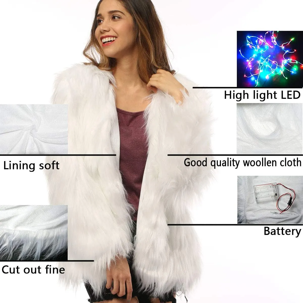Led Fur Coat for Women Rainbow Sparkly Light Up Jacket White Furry Rave Costume