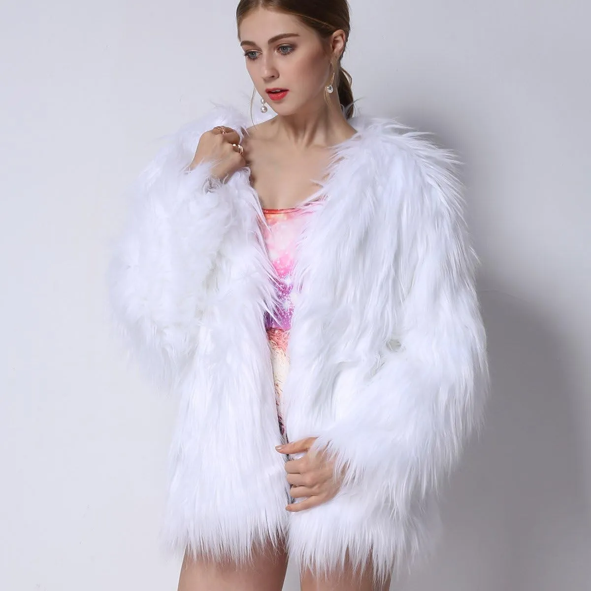 Led Fur Coat for Women Rainbow Sparkly Light Up Jacket White Furry Rave Costume