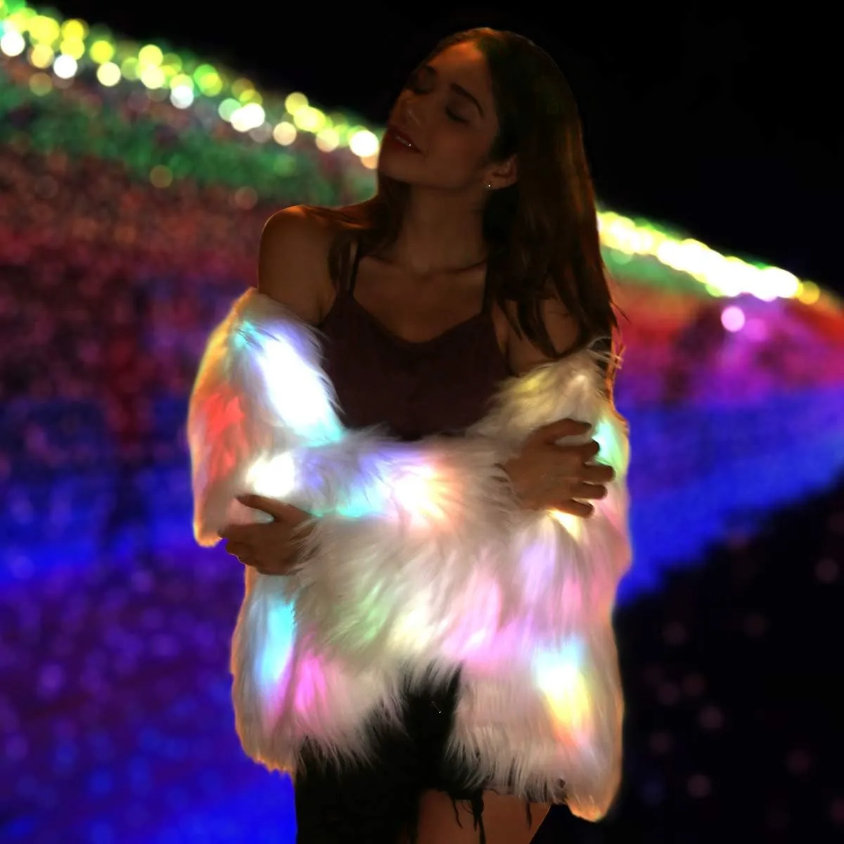 Led Fur Coat for Women Rainbow Sparkly Light Up Jacket White Furry Rave Costume