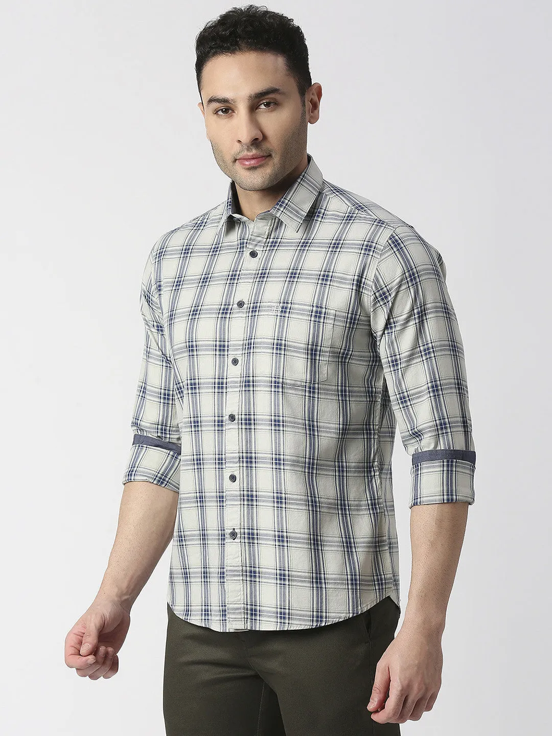 Light Olive Fine Twill Checked Shirt With Pocket