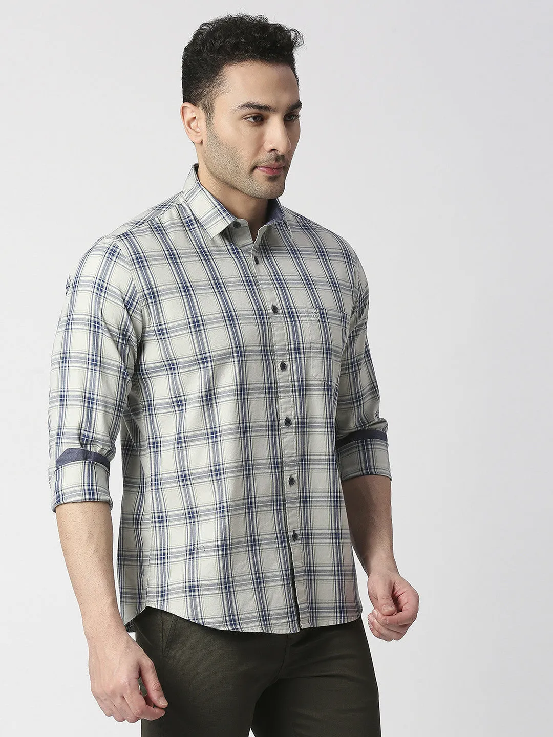 Light Olive Fine Twill Checked Shirt With Pocket