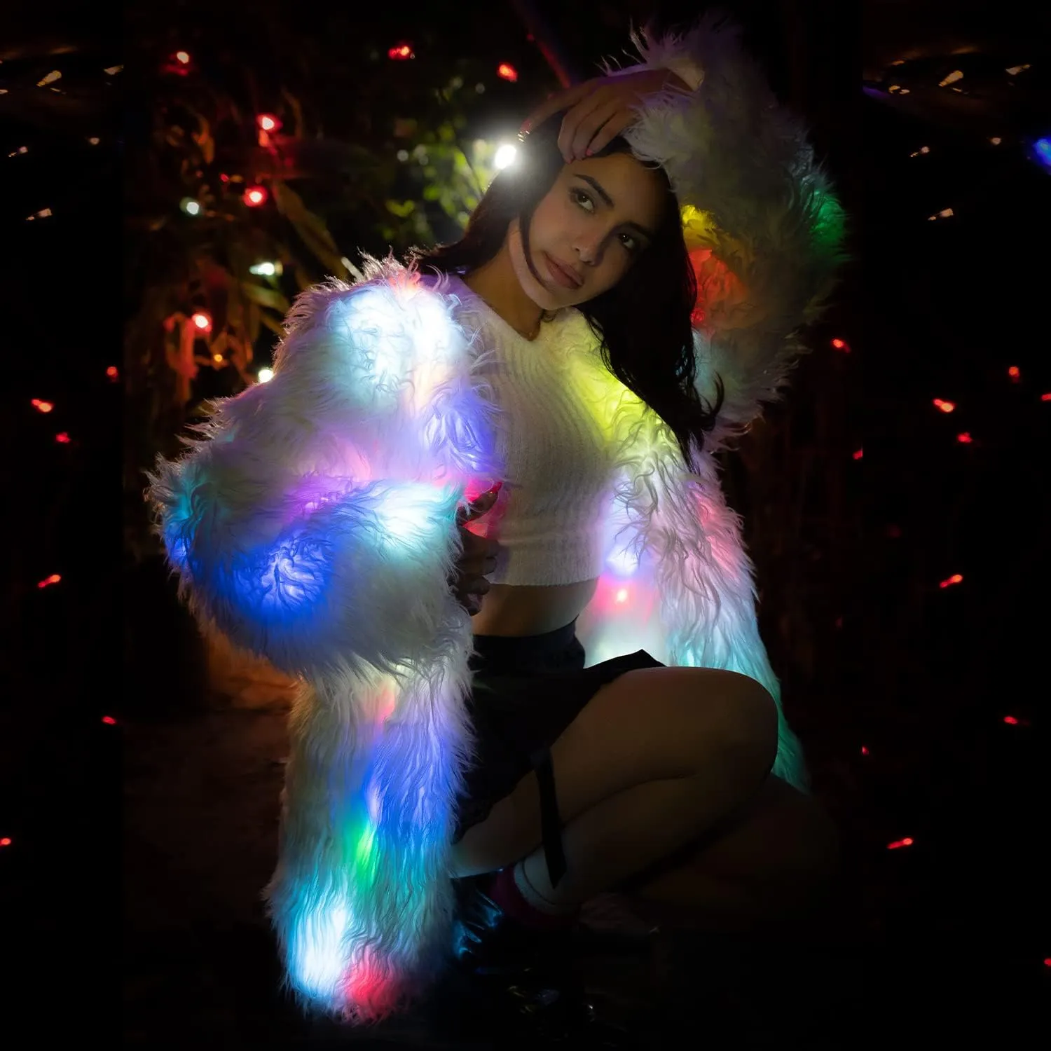 Light Up Coat Fur Led Jacket For Women Glow White Furry Faux Fur Burning Man Costumes Rave Clothes