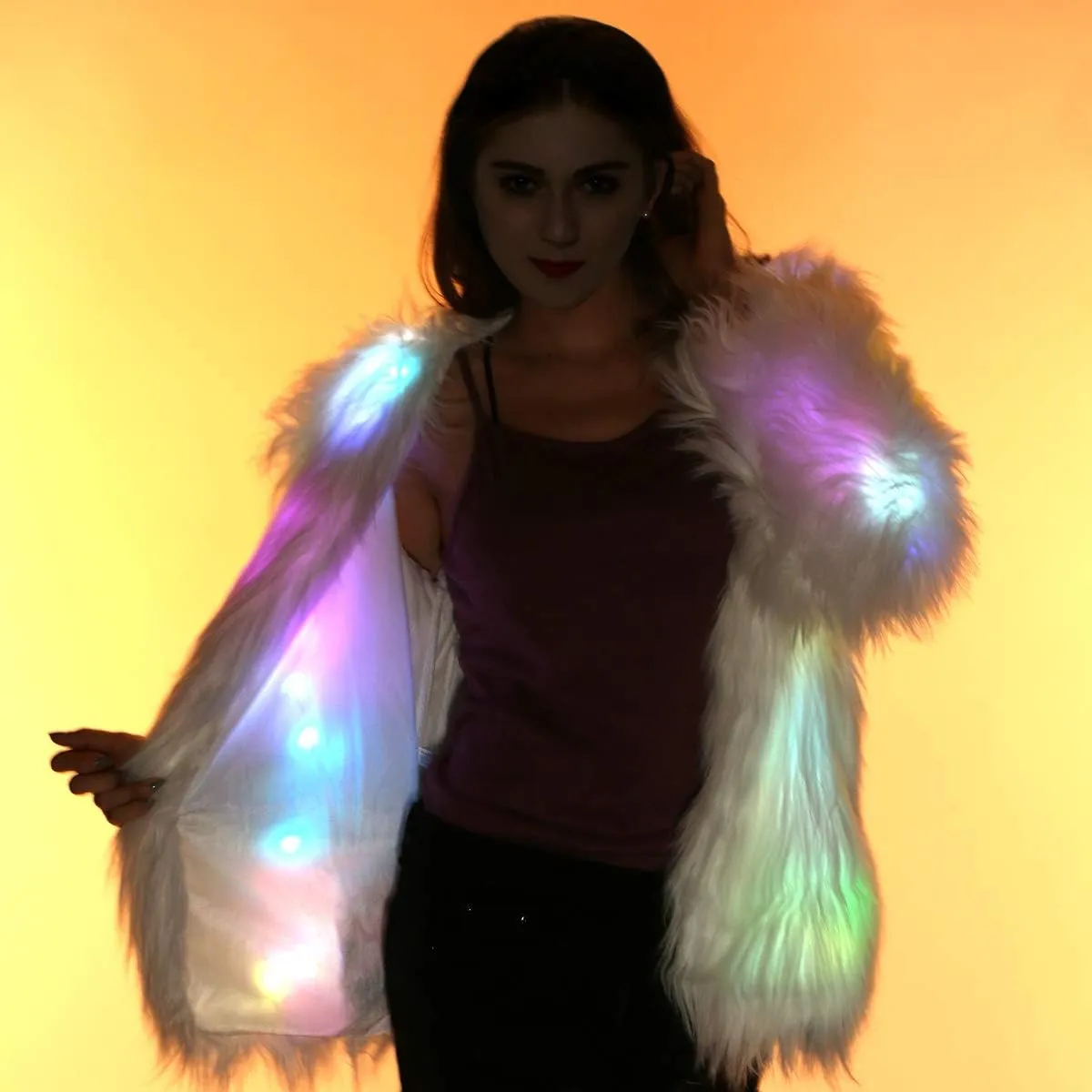 Light Up Coat Fur Led Jacket For Women Glow White Furry Faux Fur Burning Man Costumes Rave Clothes