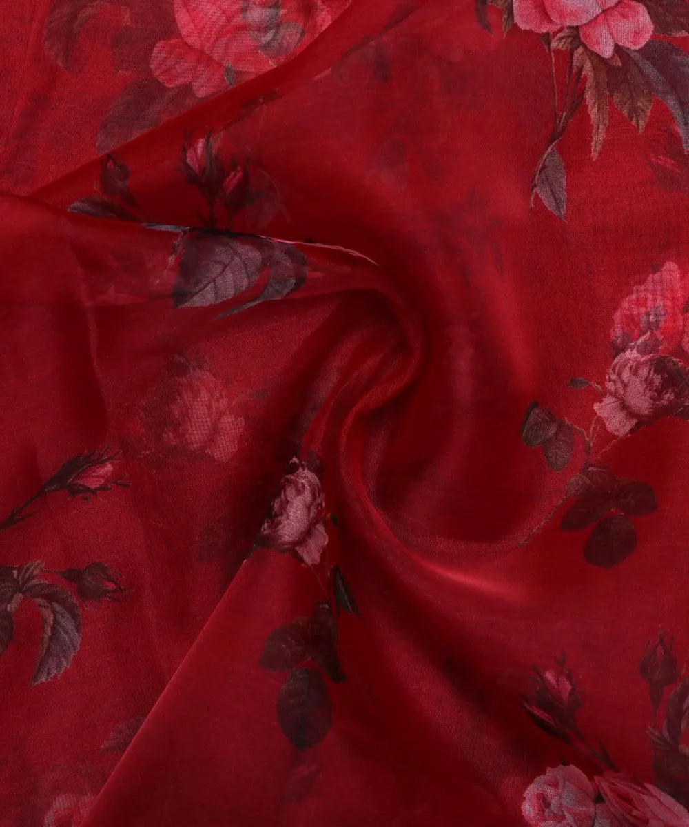 Maroon Colour Floral Print Organza Silk Fabric