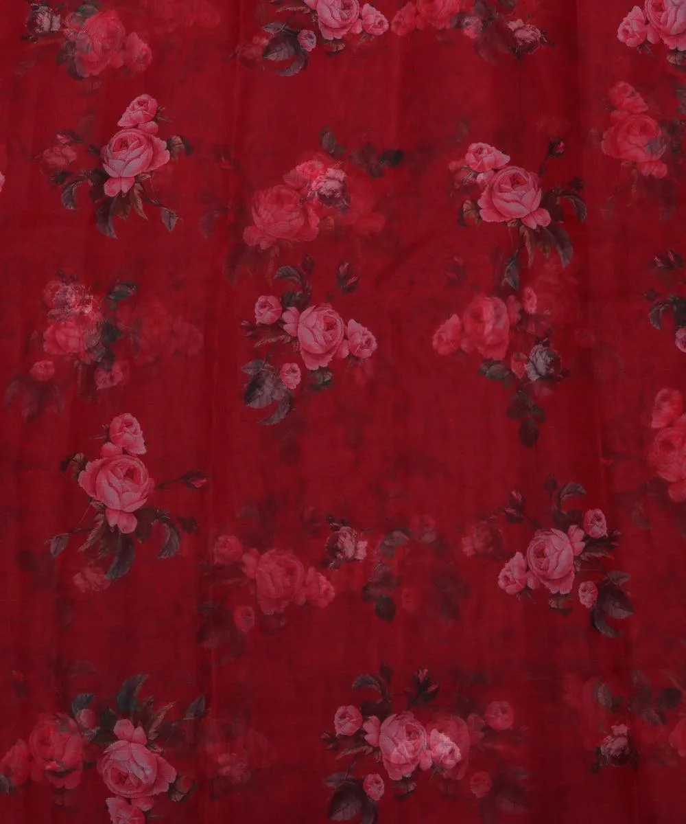 Maroon Colour Floral Print Organza Silk Fabric