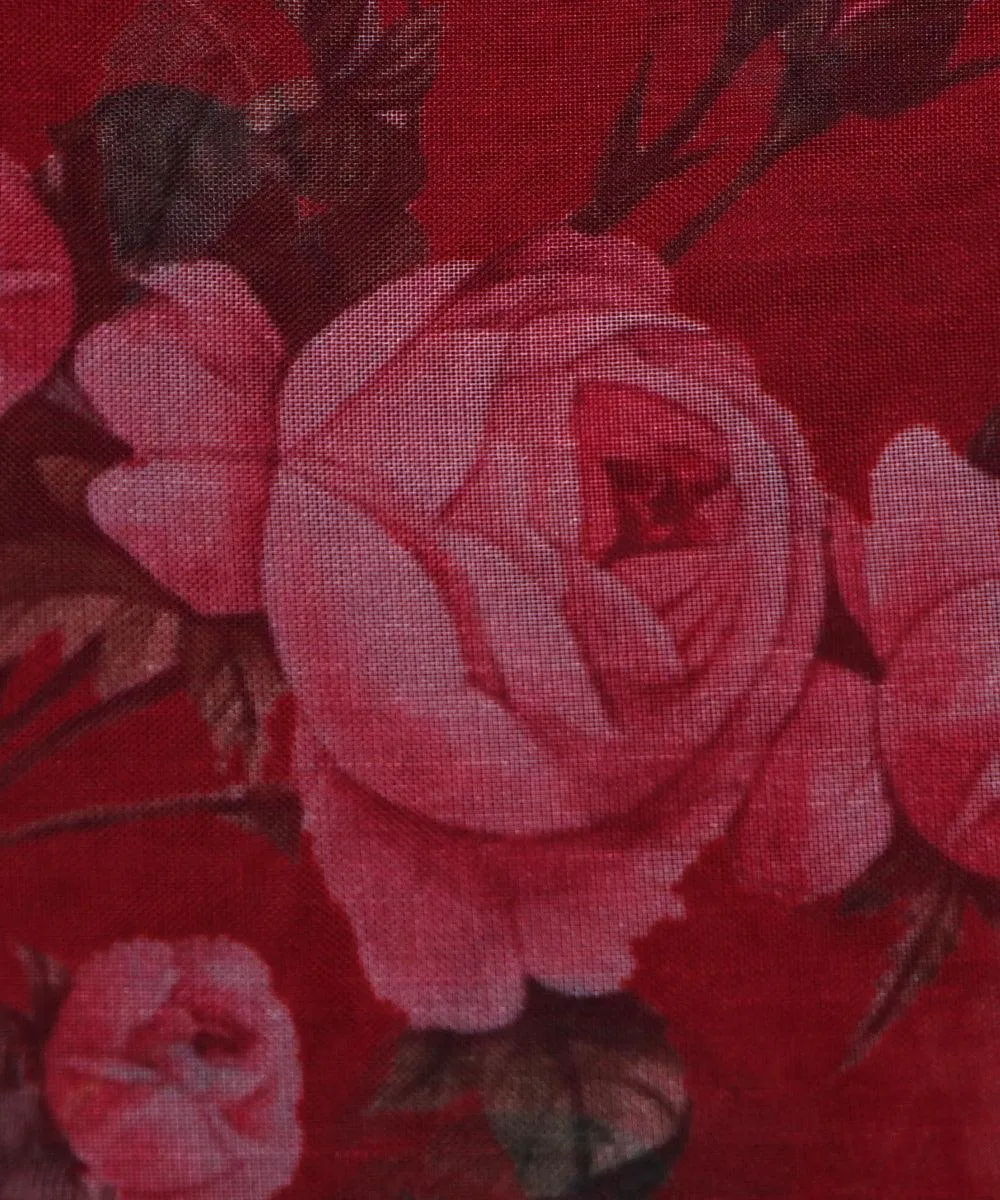 Maroon Colour Floral Print Organza Silk Fabric