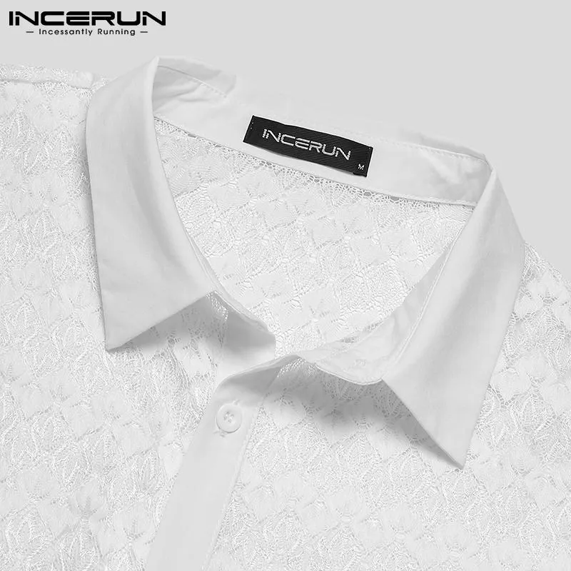 Mens Mesh Lace Lapel Short Sleeve See Through Casual Shirt