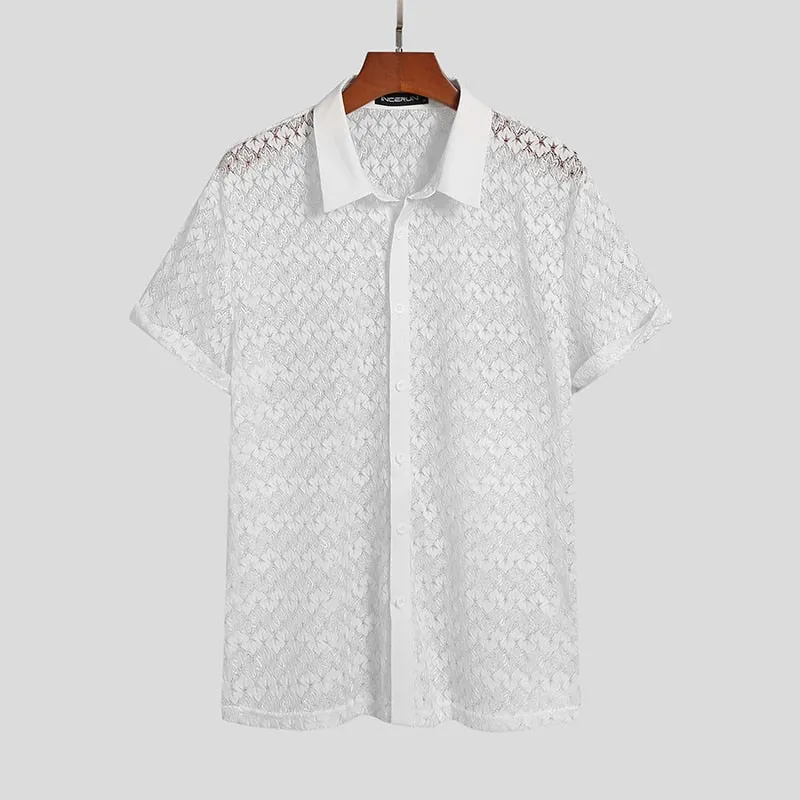 Mens Mesh Lace Lapel Short Sleeve See Through Casual Shirt
