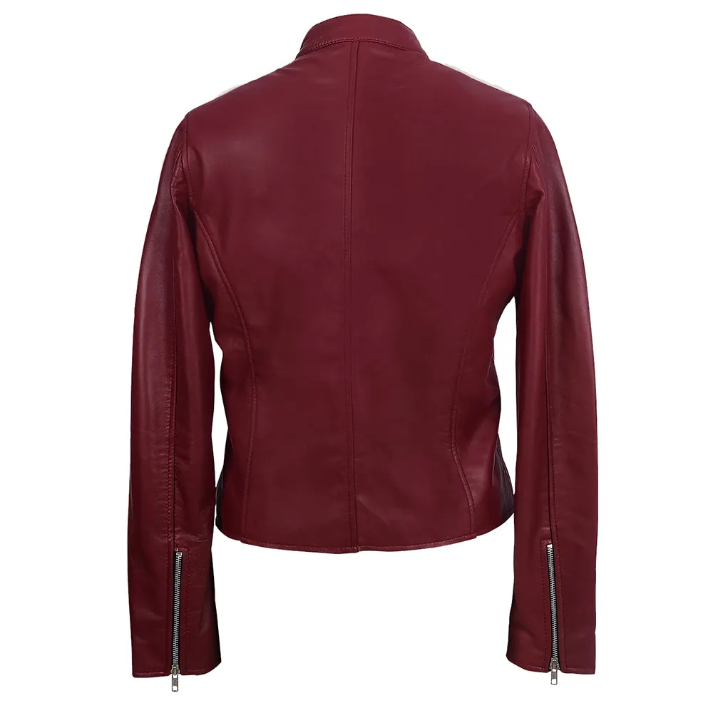 Moto Cafe Racer Womens Red Leather Jacket
