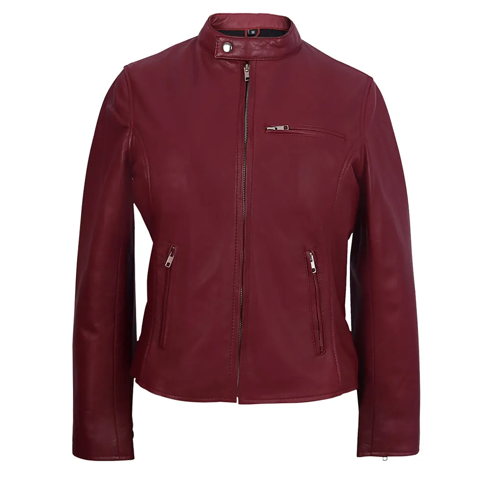Moto Cafe Racer Womens Red Leather Jacket