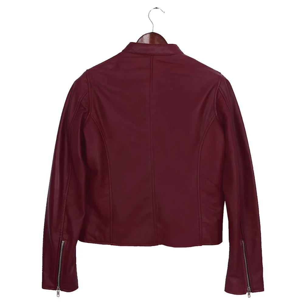 Moto Cafe Racer Womens Red Leather Jacket