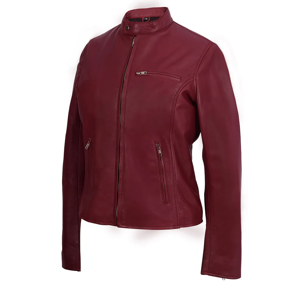 Moto Cafe Racer Womens Red Leather Jacket
