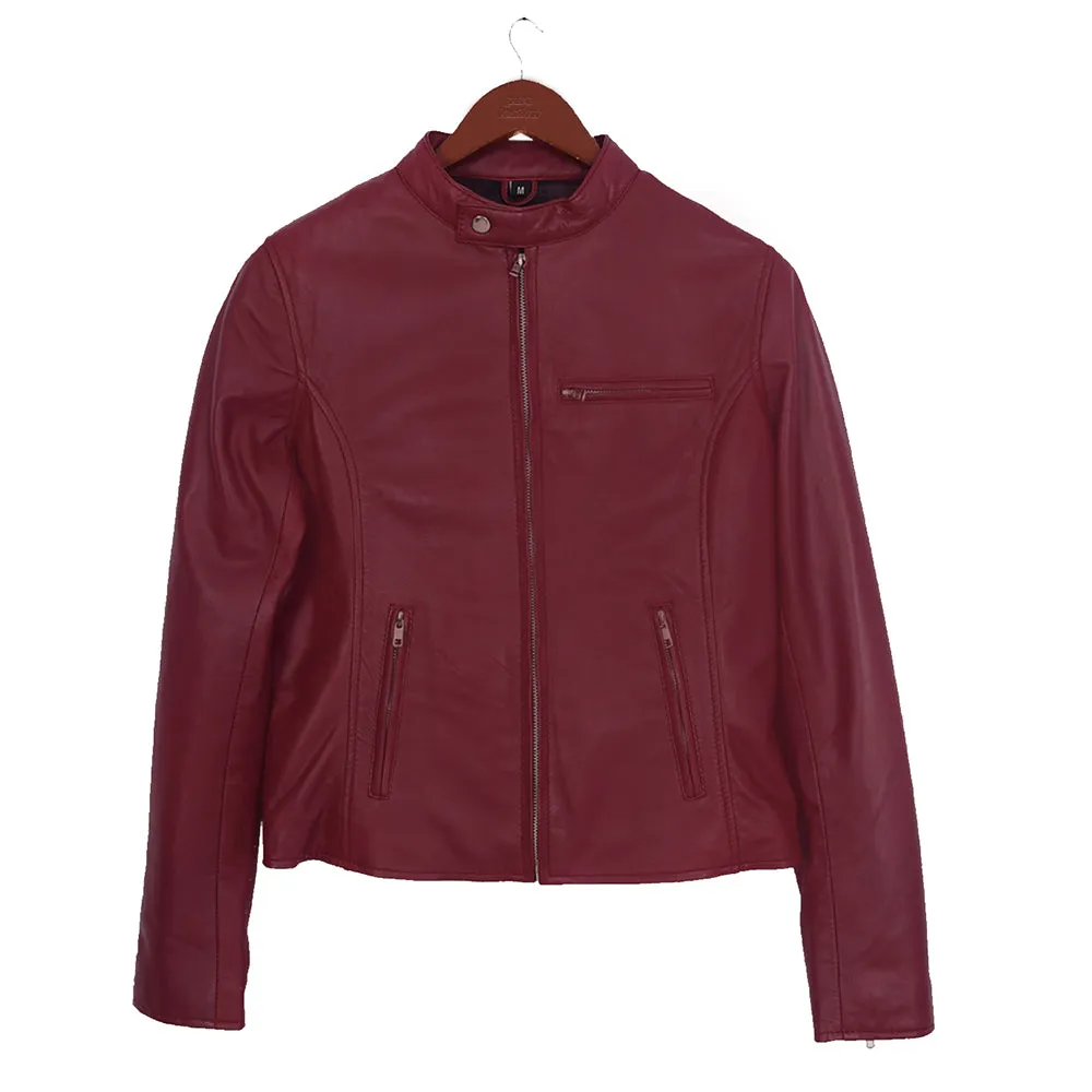 Moto Cafe Racer Womens Red Leather Jacket