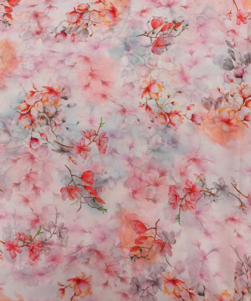 Off-White Red Floral Print Viscose Georgette Fabric
