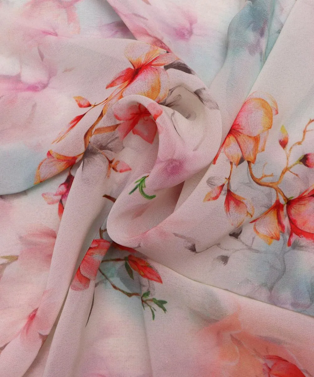 Off-White Red Floral Print Viscose Georgette Fabric