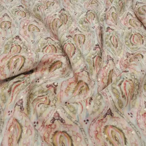 Orange Floral Digital Print On Viscose Organza Fabric