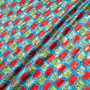 Red & Blue Tile Printed Gold Metallic Silk Jacquard