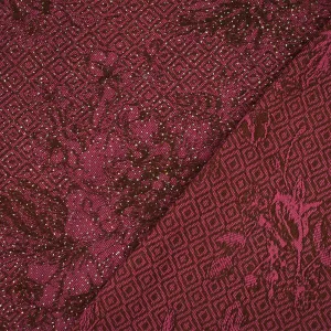 Red-Brown-Gold Rayon Blend Stretch Floral Diamond Bengaline Jacquard Fabric