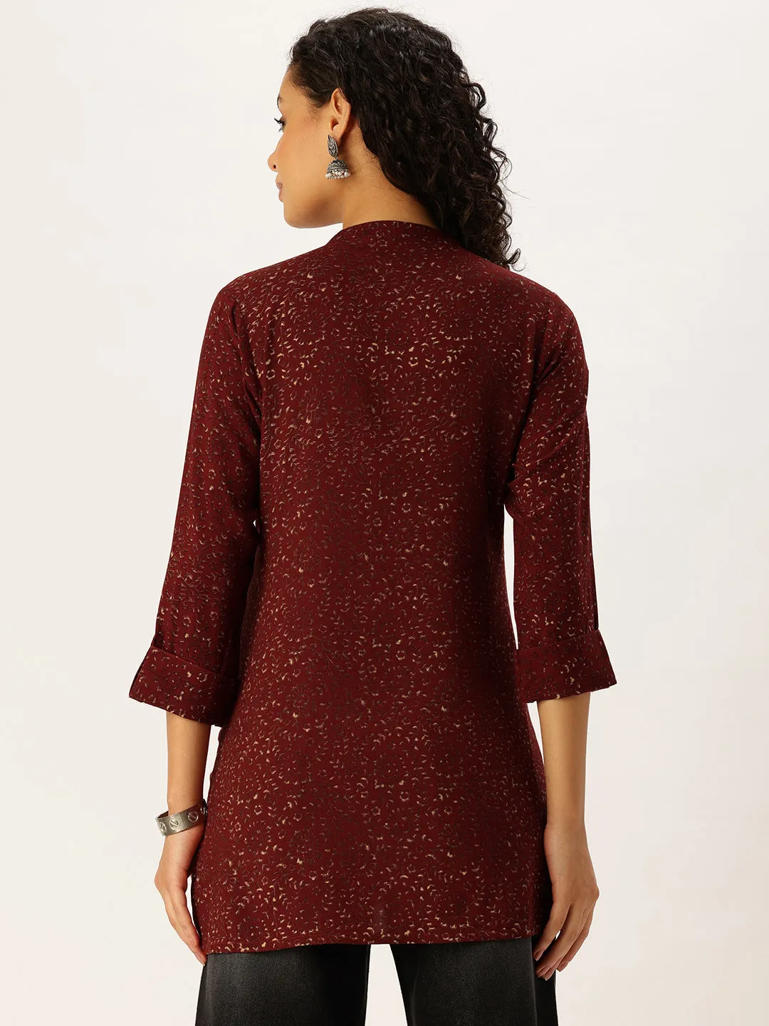 Red Mandarin Collar Printed Tunic