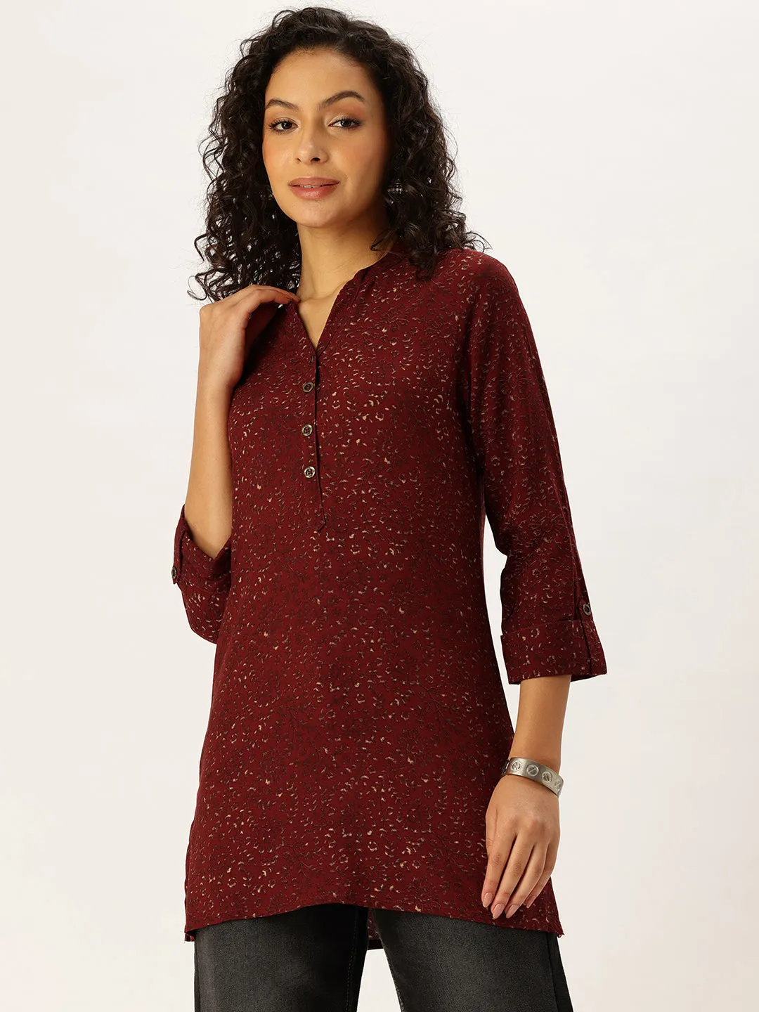 Red Mandarin Collar Printed Tunic