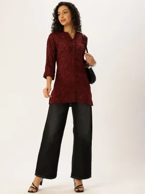 Red Mandarin Collar Printed Tunic