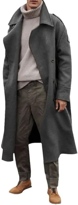 RONGTAI Men's Classic Notched Lapel Trench Coat Oversized Faux Wool Blend Single Breasted Long Winter Jacket to Knee Length