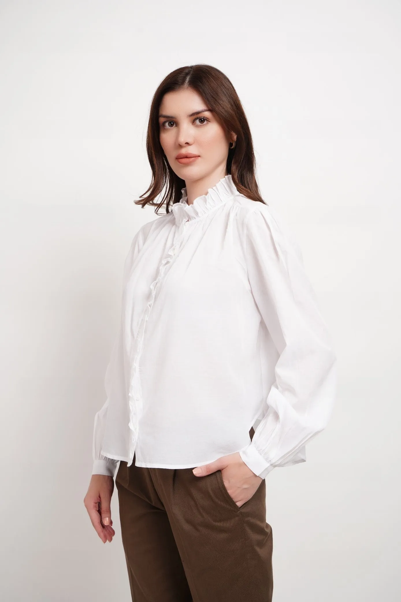 Ruffled Neck & Placket Shirt