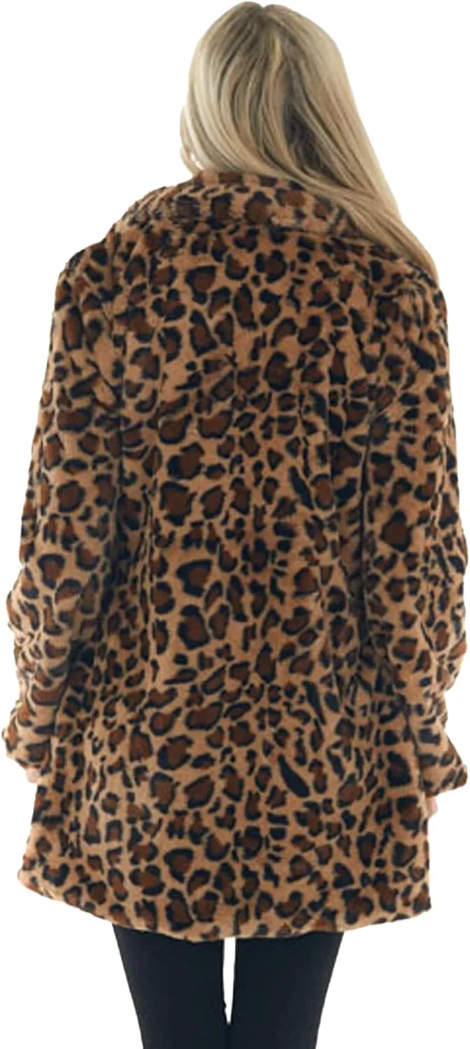 Sexyshine Women's Leopard Print Faux Fur Coat Winter Fall Lapel Collar Fuzzy Fleece Fur Jackets with Pockets
