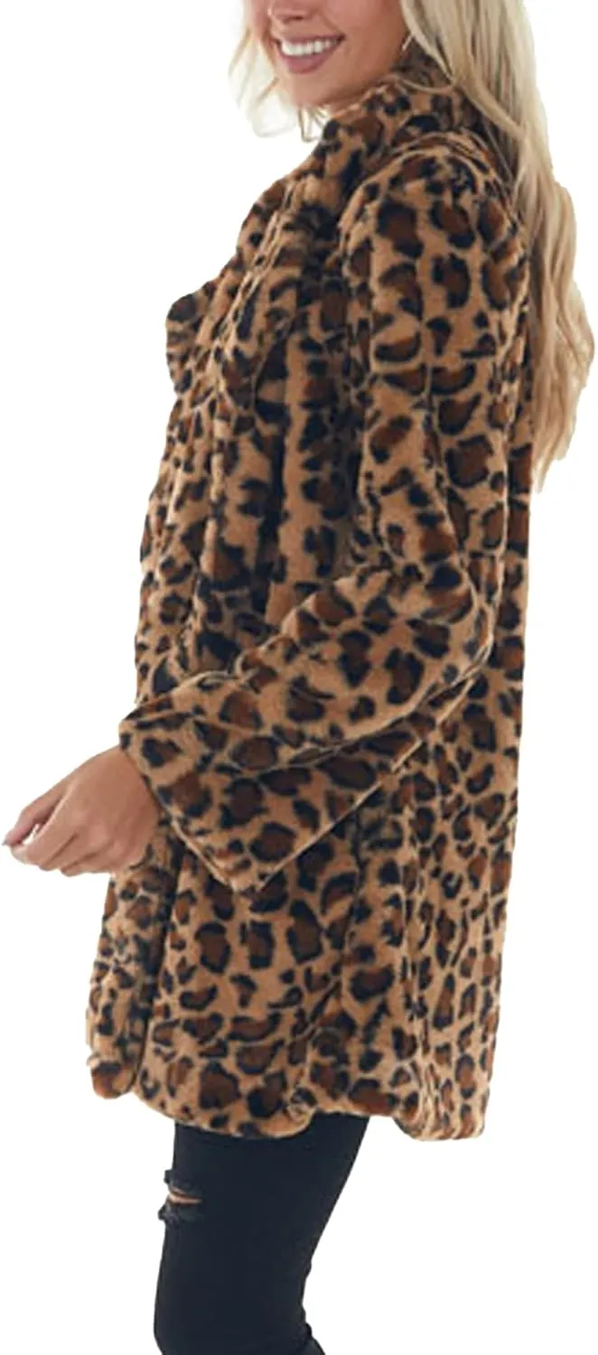Sexyshine Women's Leopard Print Faux Fur Coat Winter Fall Lapel Collar Fuzzy Fleece Fur Jackets with Pockets
