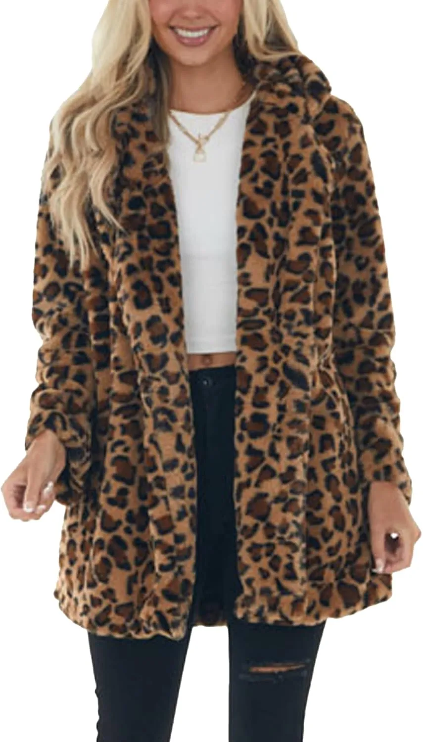 Sexyshine Women's Leopard Print Faux Fur Coat Winter Fall Lapel Collar Fuzzy Fleece Fur Jackets with Pockets