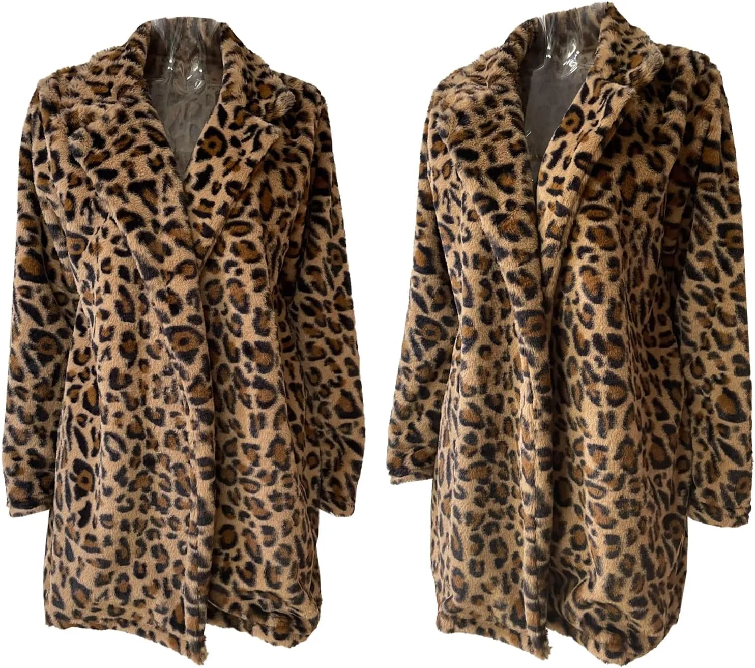Sexyshine Women's Leopard Print Faux Fur Coat Winter Fall Lapel Collar Fuzzy Fleece Fur Jackets with Pockets