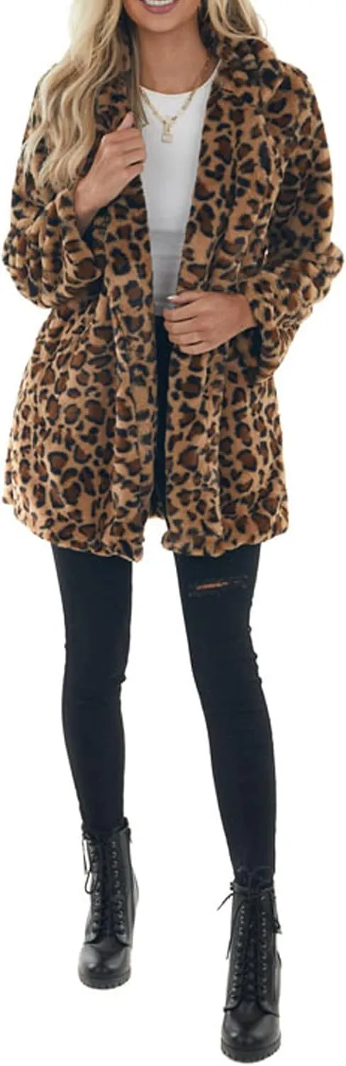 Sexyshine Women's Leopard Print Faux Fur Coat Winter Fall Lapel Collar Fuzzy Fleece Fur Jackets with Pockets